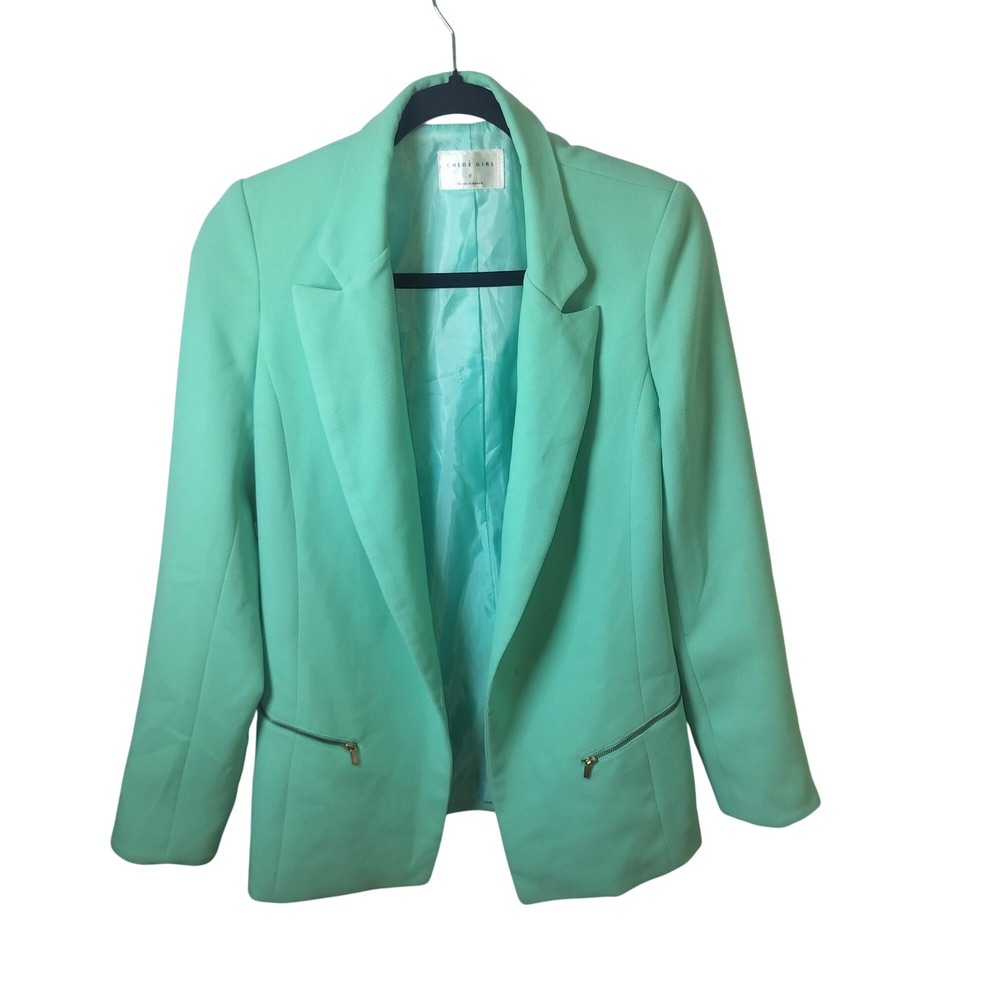 Chloe Girl Mint Green Open Front Blazer Jacket Zip Accents Size F Made‎ in Korea